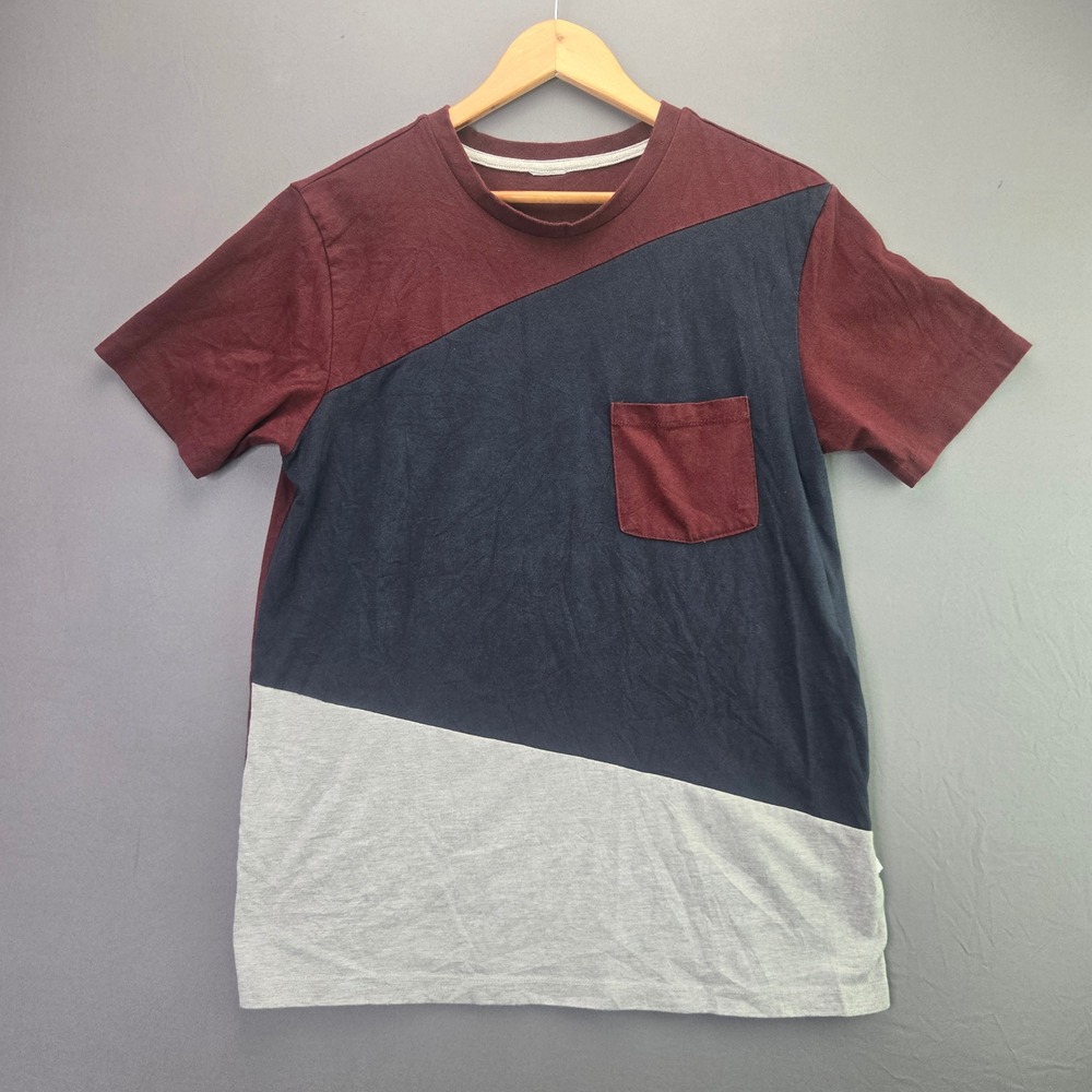 Unbranded Colorblock Pocket T-Shirt Short Sleeve Crewneck Medium Burgundy Navy